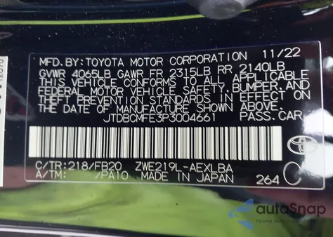 2023 Toyota Corolla Hybrid Le from USA, damaged, VIN JTDBCMFE3P3004661